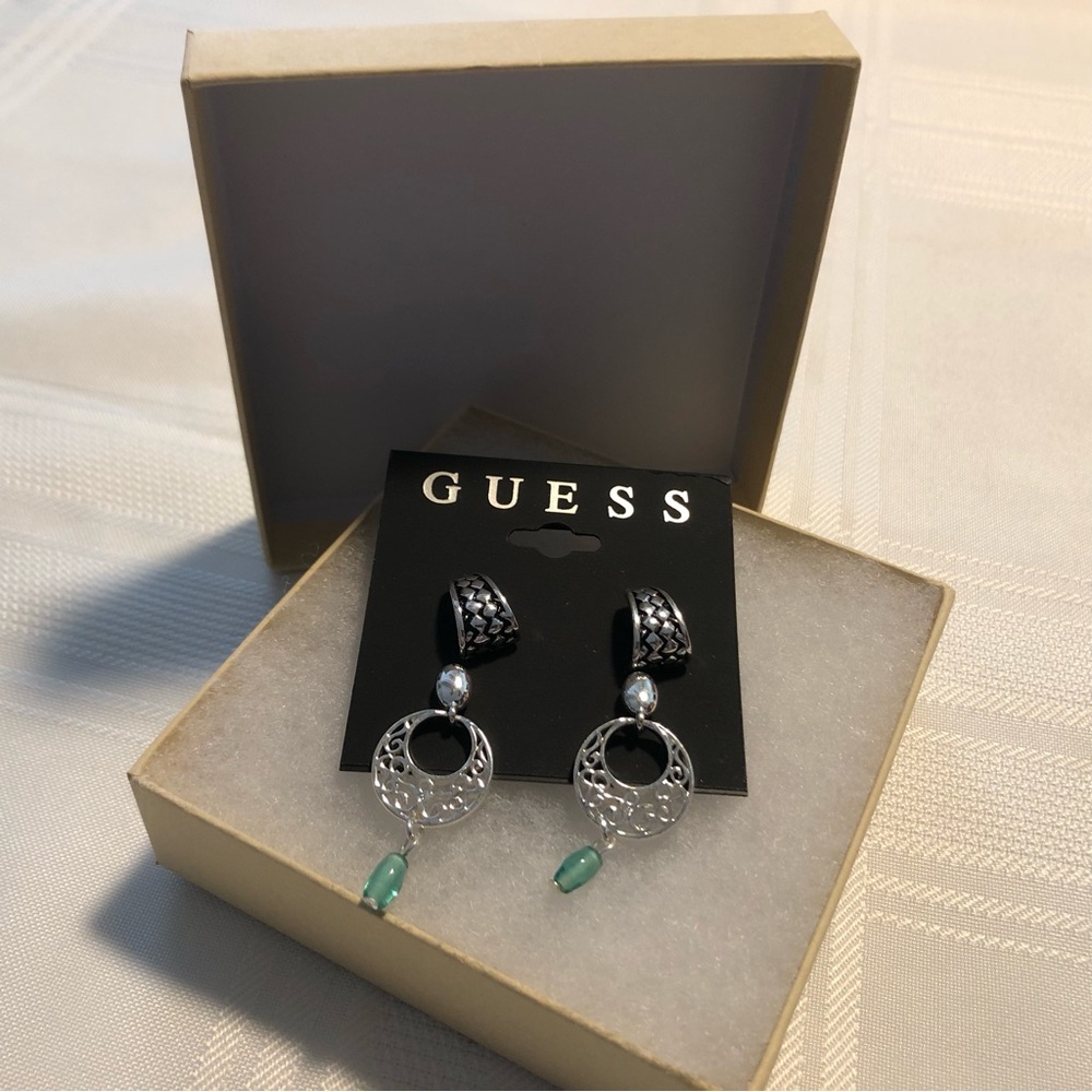 GUESS Silver Filigree Drop Earrings with Green Accent Beads